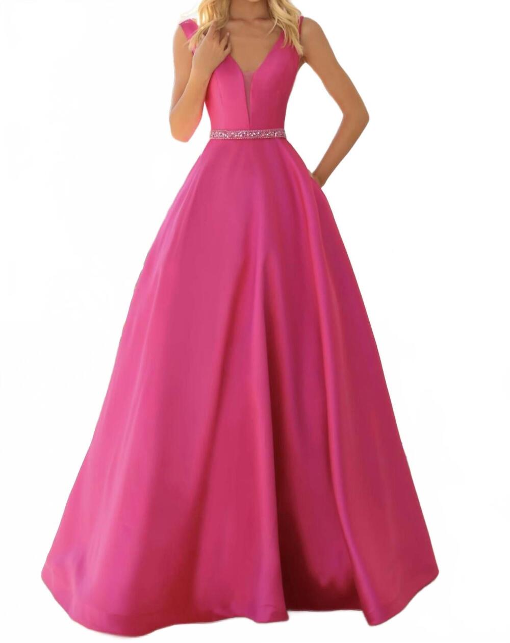 NEW CLARISSE sleeveless beaded waist gown in fuchsia